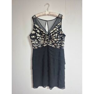 Scarlet Nite Dress Black Mesh Overlay Tiered Ruffle Ruched Bodice Sheath Size 16